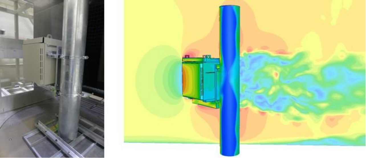 強風によりキャビネットに加わる圧力と周囲の気流状態を評価する「流体解析」