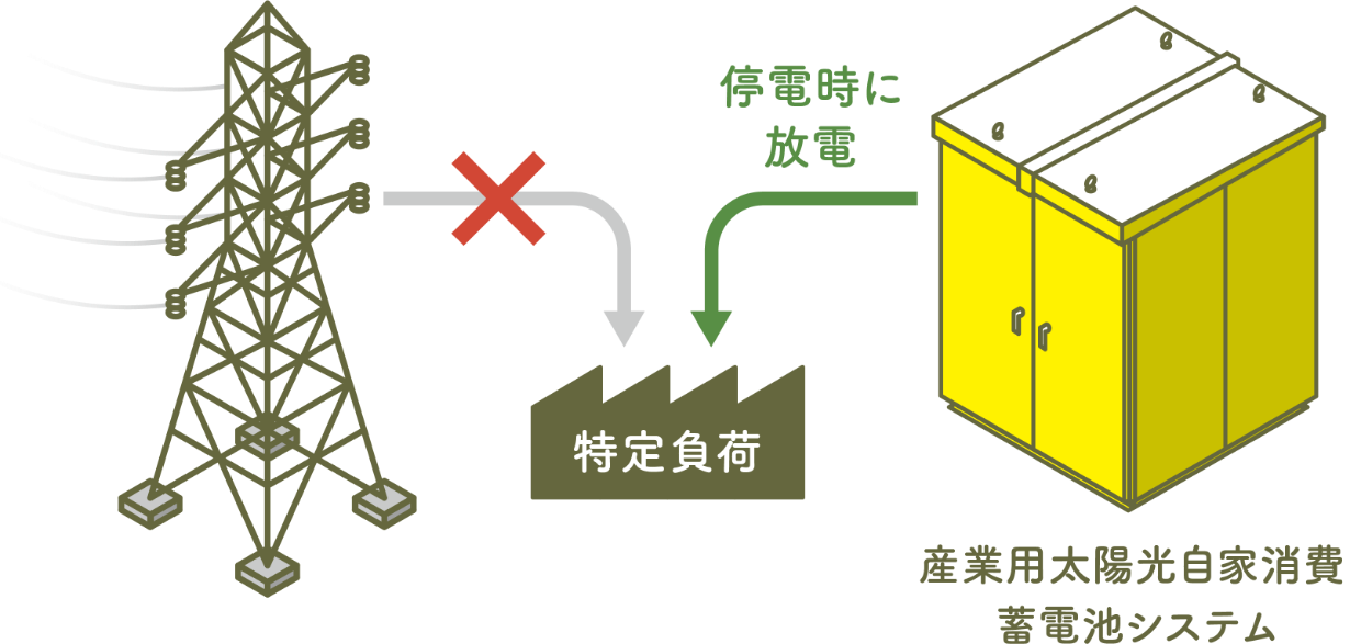 停電時に放電し、特定負荷に電力を供給。